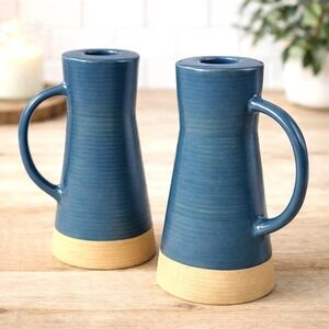 Crate & Barrel Sibely Stoneware Taper Candle Holders Blue Rustic Modern Set of 2